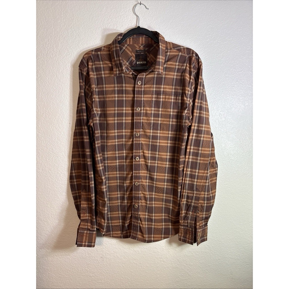 prAna‎ Yearby Slim Fit Button Front Long Sleeve Brown Plaid Shirt Large